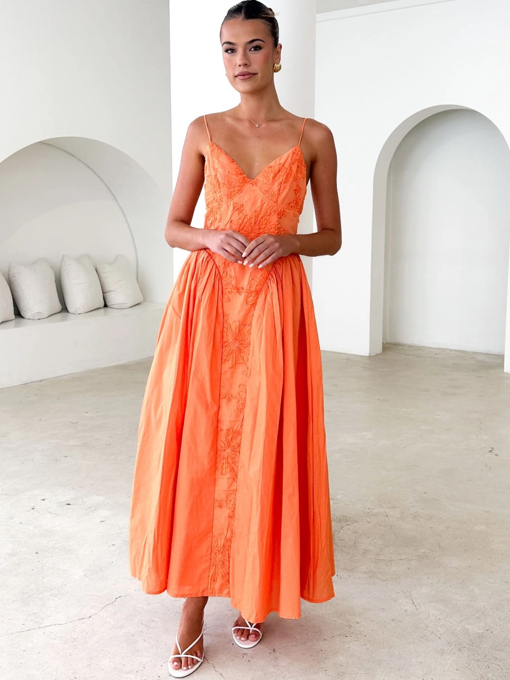 Spaghetti Strap Orange Midi Dress